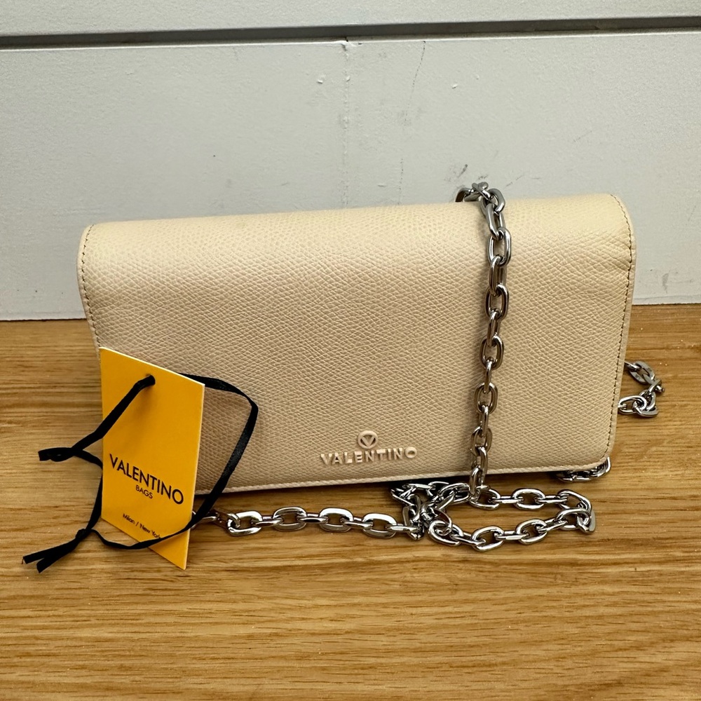 Valentino Beige Leather Shoulder Bag with Silver Chain